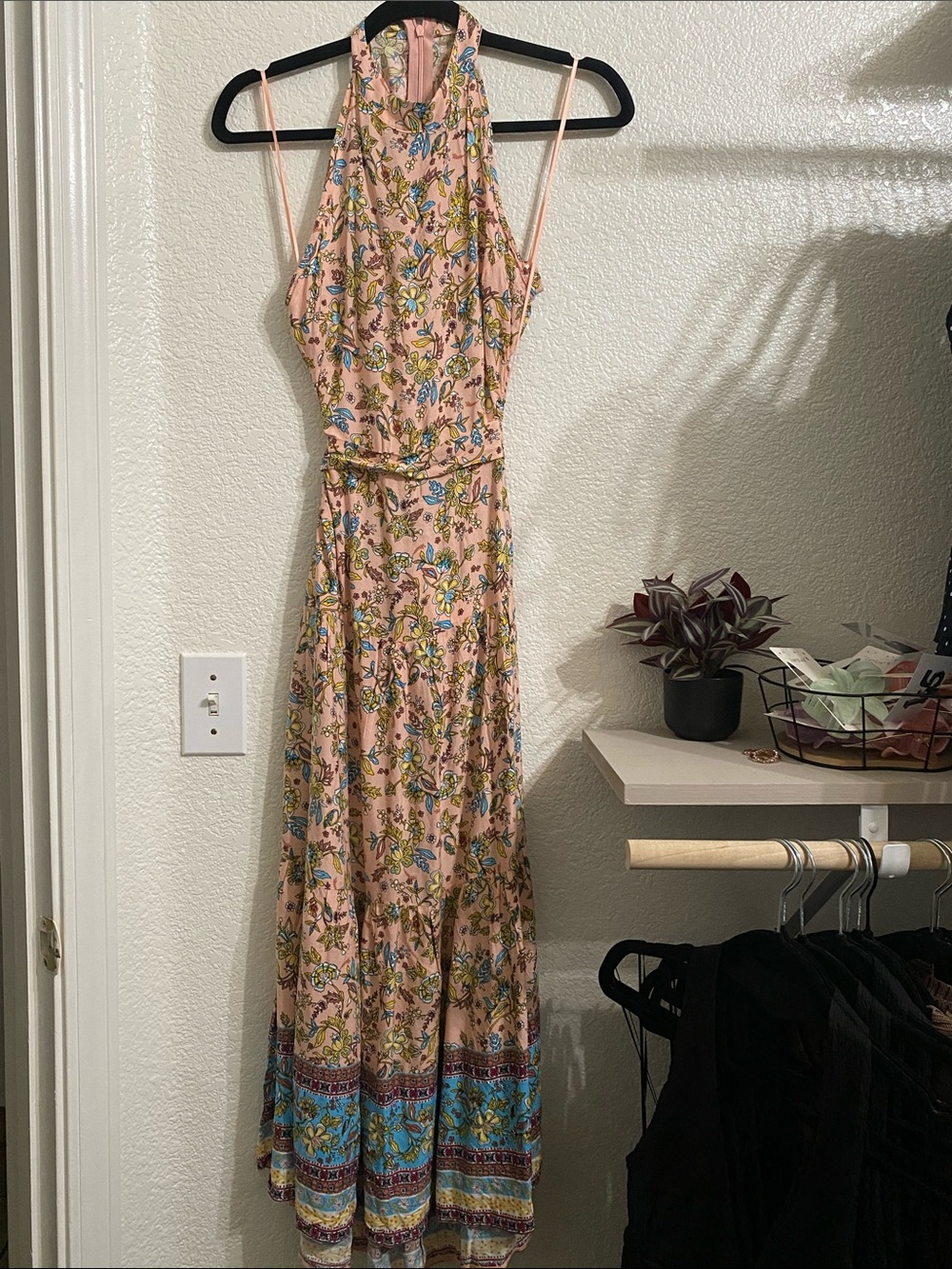 HYFVE Pink Floral Halter Maxi Dress with Blue Border